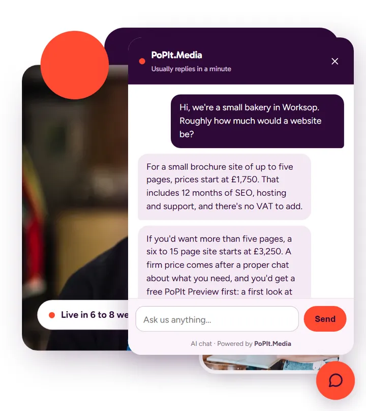 The chat on popit.media, answering a bakery's question about website prices
