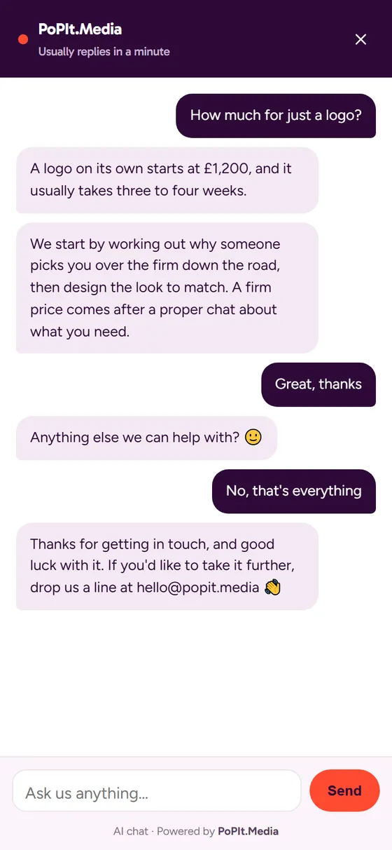 The chat on a phone: a logo price, then 'Anything else we can help with?' and a friendly goodbye