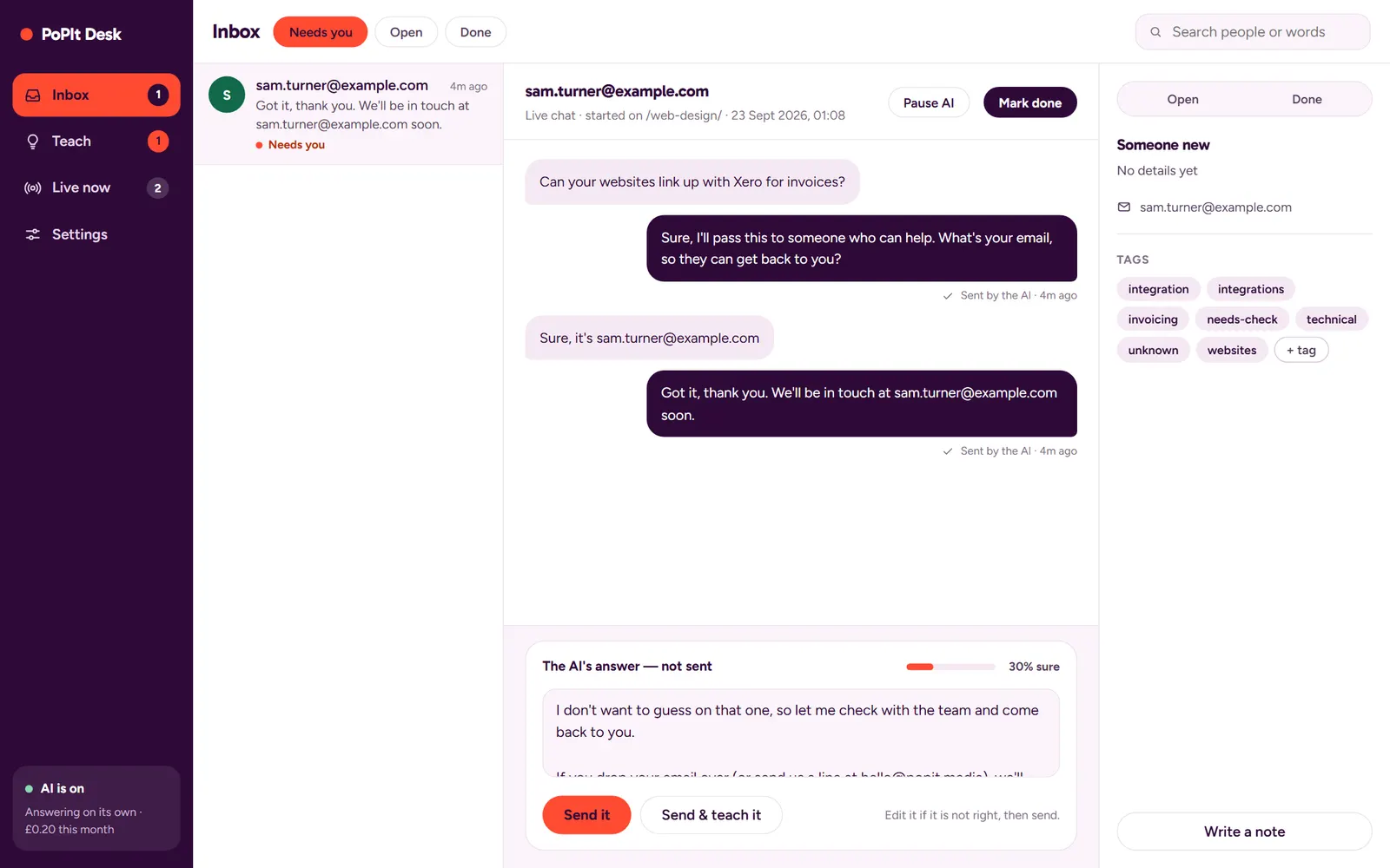 A reply held back at 30% sure, with the customer asked for their email