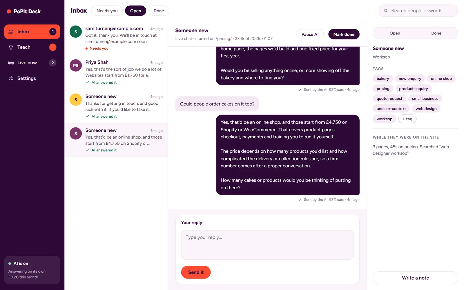 The inbox, showing a chat with a bakery that the AI answered, 93% sure