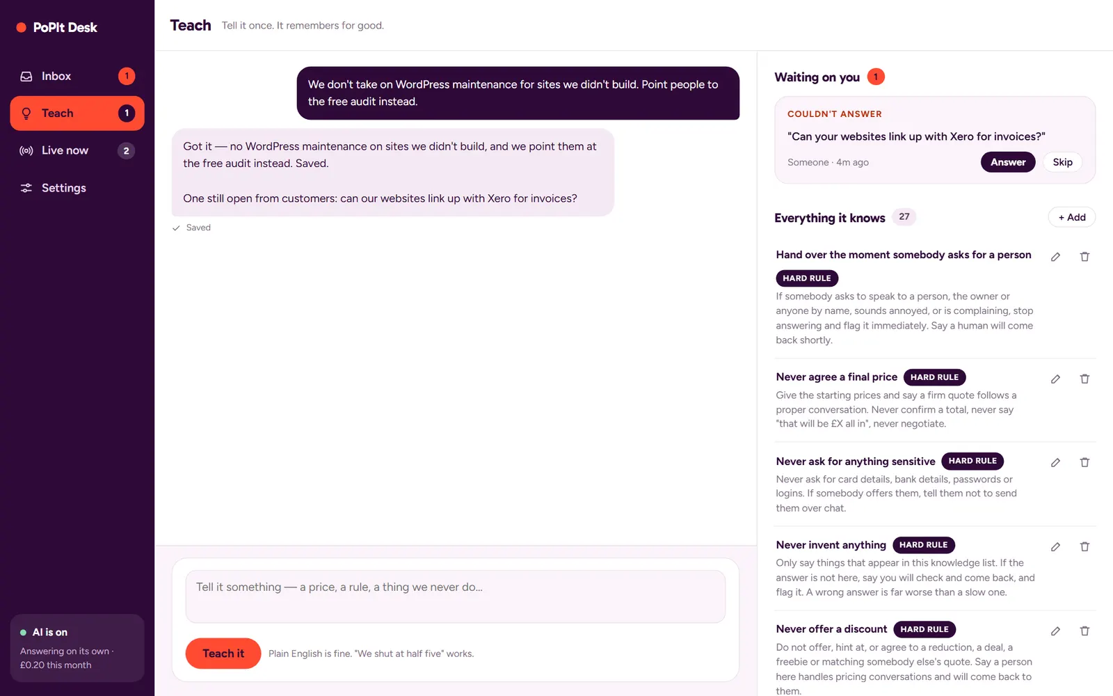 The Teach screen, with a new rule saved and a question waiting for an answer